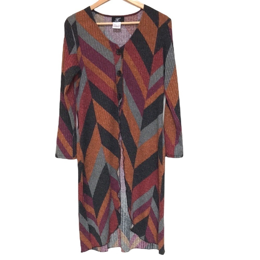 LIBRA chevron print ribbed button front long cardigan Small